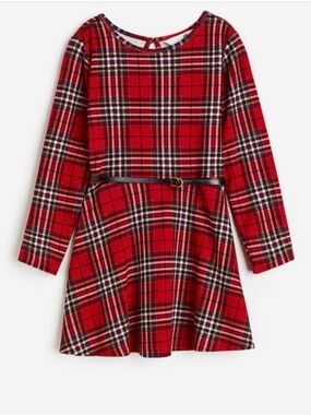 H&M Girls Red Tartan Plaid Belted Dress Size 6X/7 Holiday Fit & Flare